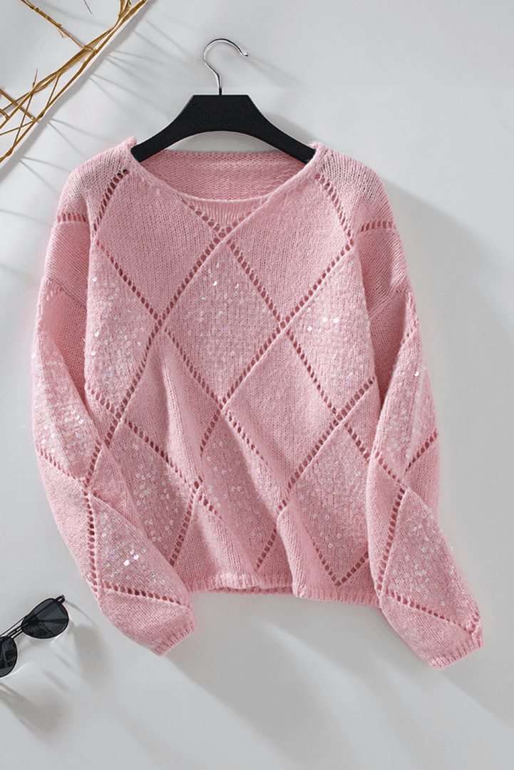 Light Pink Hollowed Rhombus Pattern Sequin Detail Round Neck Sweater - Fashion Queen -  8