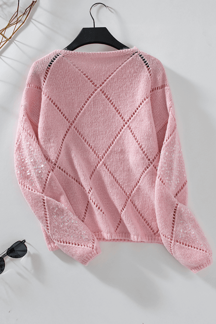 Light Pink Hollowed Rhombus Pattern Sequin Detail Round Neck Sweater - Fashion Queen -  9