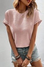 Load image into Gallery viewer, Light Pink Solid Textured Ruffled Short Sleeve Blouse - Fashion Queen -  1
