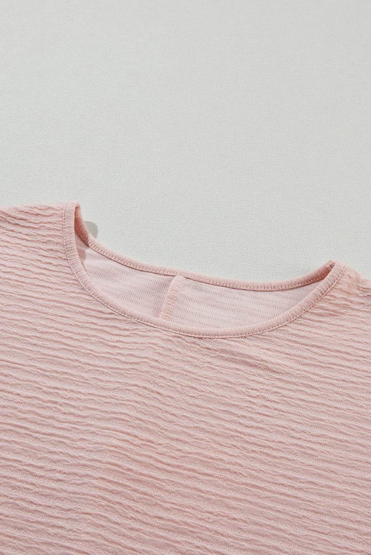 Light Pink Solid Textured Ruffled Short Sleeve Blouse - Fashion Queen -  14