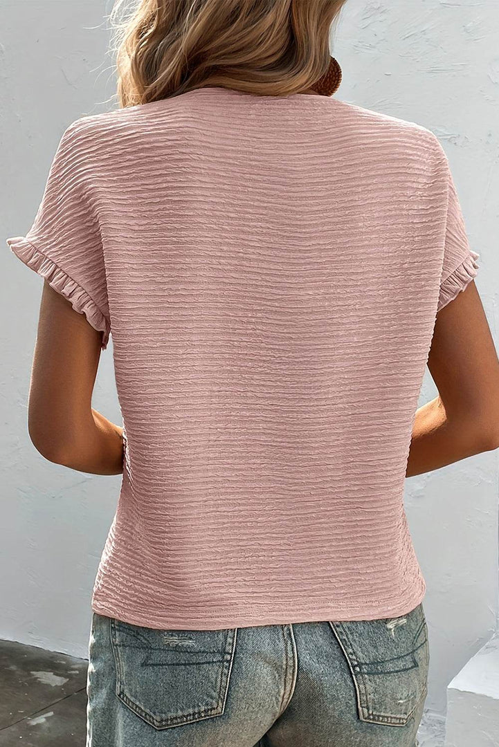 Light Pink Solid Textured Ruffled Short Sleeve Blouse - Fashion Queen -  18