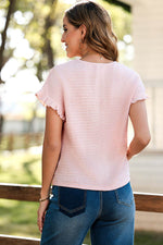 Load image into Gallery viewer, Light Pink Solid Textured Ruffled Short Sleeve Blouse - Fashion Queen -  19
