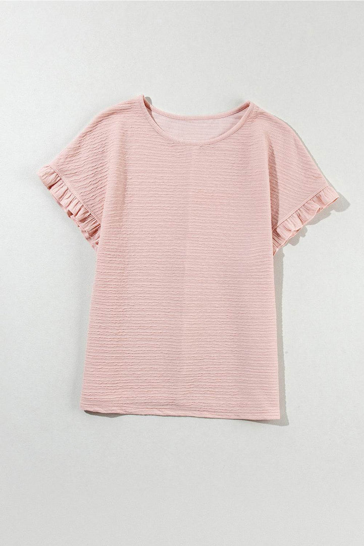 Light Pink Solid Textured Ruffled Short Sleeve Blouse - Fashion Queen -  20