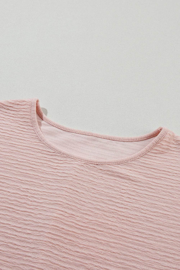 Light Pink Solid Textured Ruffled Short Sleeve Blouse - Fashion Queen -  22