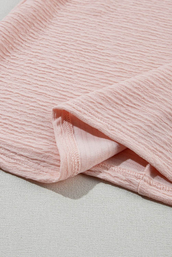 Light Pink Solid Textured Ruffled Short Sleeve Blouse - Fashion Queen -  24