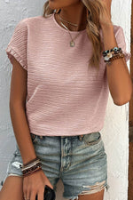 Load image into Gallery viewer, Light Pink Solid Textured Ruffled Short Sleeve Blouse - Fashion Queen -  3
