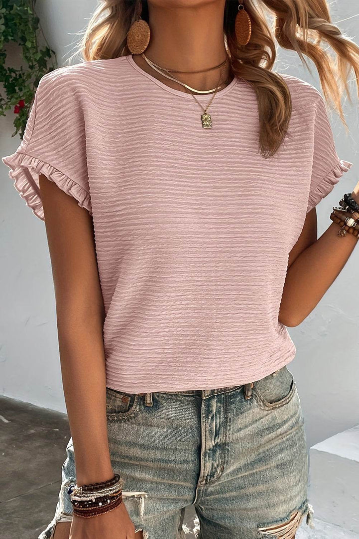 Light Pink Solid Textured Ruffled Short Sleeve Blouse - Fashion Queen -  5