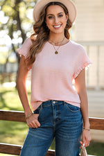 Load image into Gallery viewer, Light Pink Solid Textured Ruffled Short Sleeve Blouse - Fashion Queen -  6
