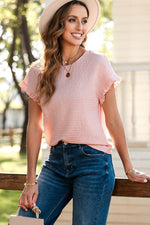 Load image into Gallery viewer, Light Pink Solid Textured Ruffled Short Sleeve Blouse - Fashion Queen -  7

