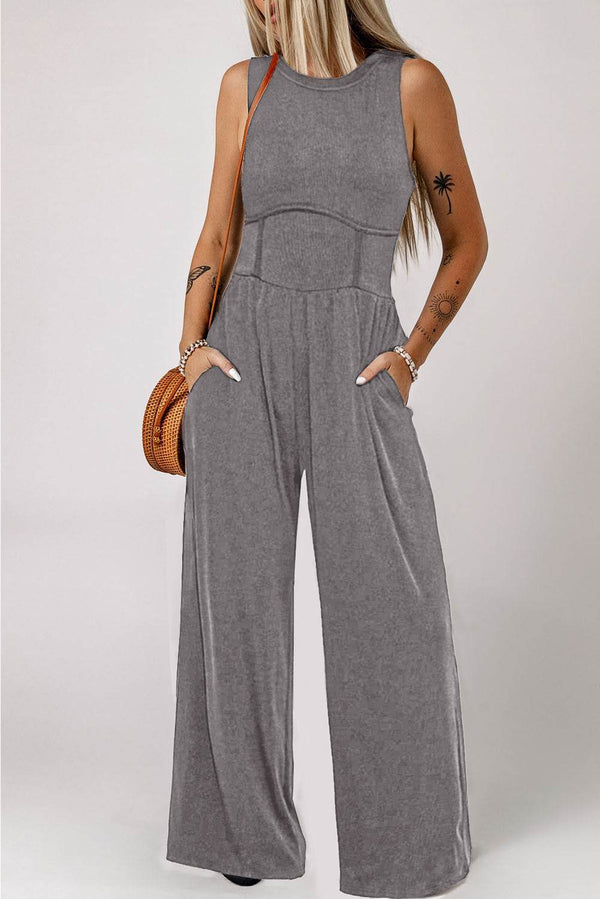 Medium Grey Cinched Waist Sleeveless Wide Leg Jumpsuit - Fashion Queen -  1
