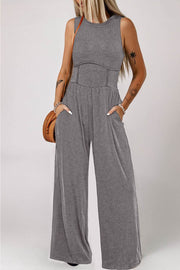 Medium Grey Cinched Waist Sleeveless Wide Leg Jumpsuit - Fashion Queen -  1