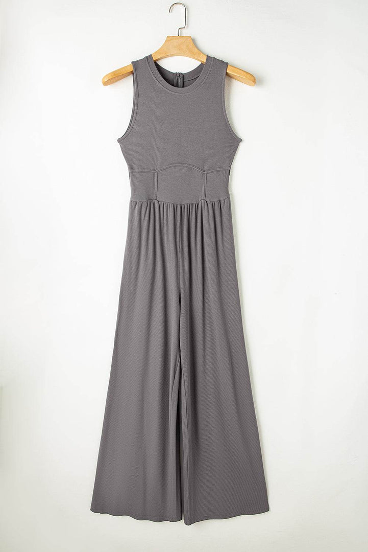 Medium Grey Cinched Waist Sleeveless Wide Leg Jumpsuit - Fashion Queen -  2