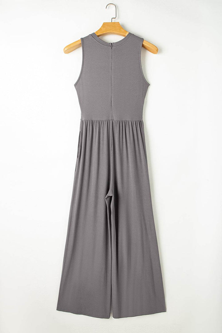 Medium Grey Cinched Waist Sleeveless Wide Leg Jumpsuit - Fashion Queen -  3
