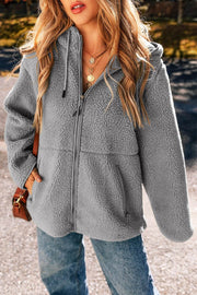 Medium Grey Fleece Zip Up Drawstring Hooded Pocketed Jacket - Fashion Queen -  1