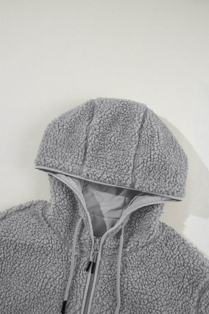 Medium Grey Fleece Zip Up Drawstring Hooded Pocketed Jacket - Fashion Queen -  14