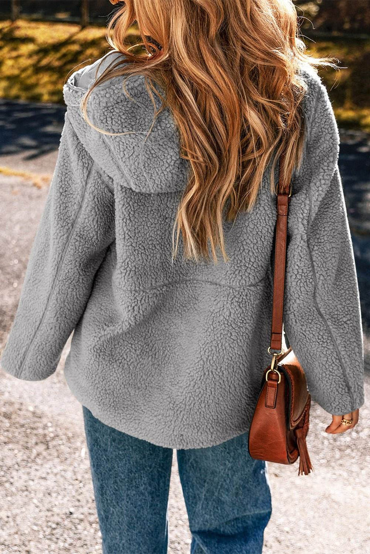 Medium Grey Fleece Zip Up Drawstring Hooded Pocketed Jacket - Fashion Queen -  2