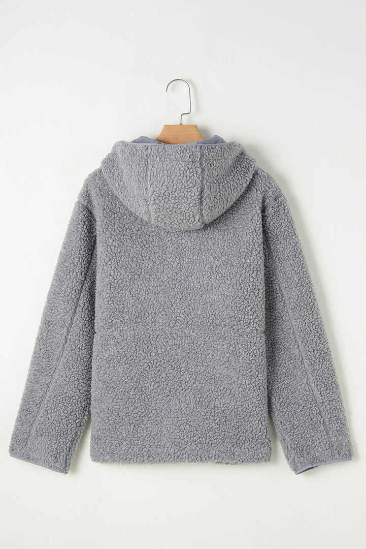 Medium Grey Fleece Zip Up Drawstring Hooded Pocketed Jacket - Fashion Queen -  28