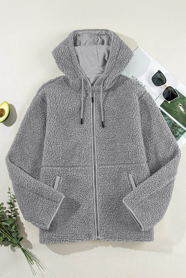 Medium Grey Fleece Zip Up Drawstring Hooded Pocketed Jacket - Fashion Queen -  5