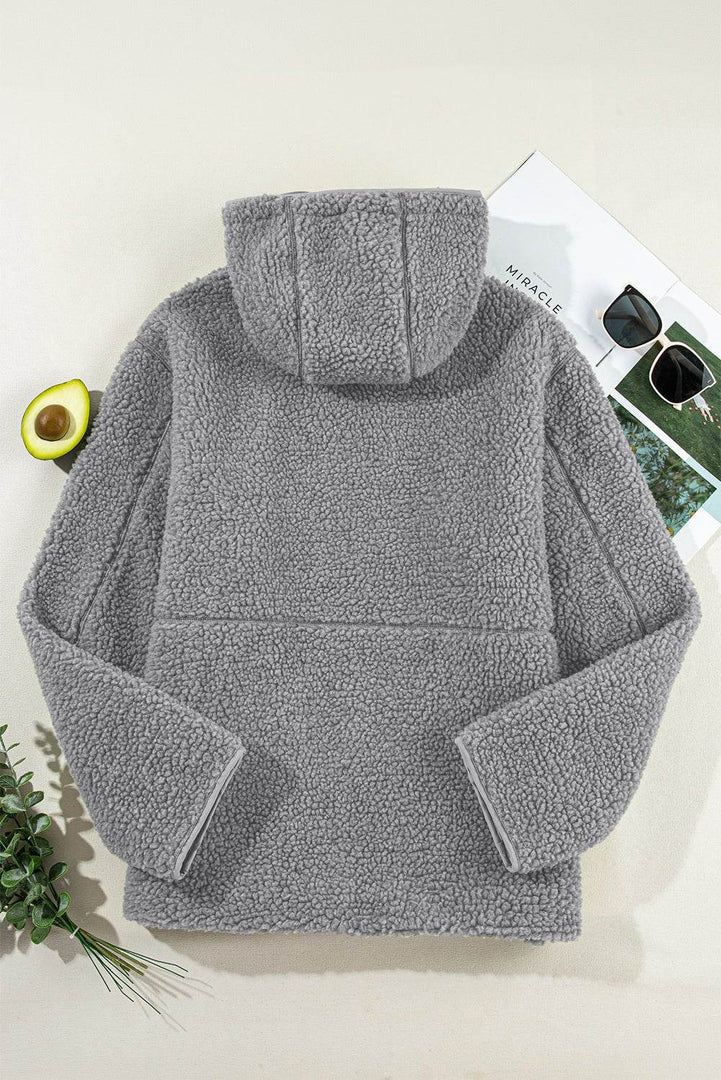 Medium Grey Fleece Zip Up Drawstring Hooded Pocketed Jacket - Fashion Queen -  6