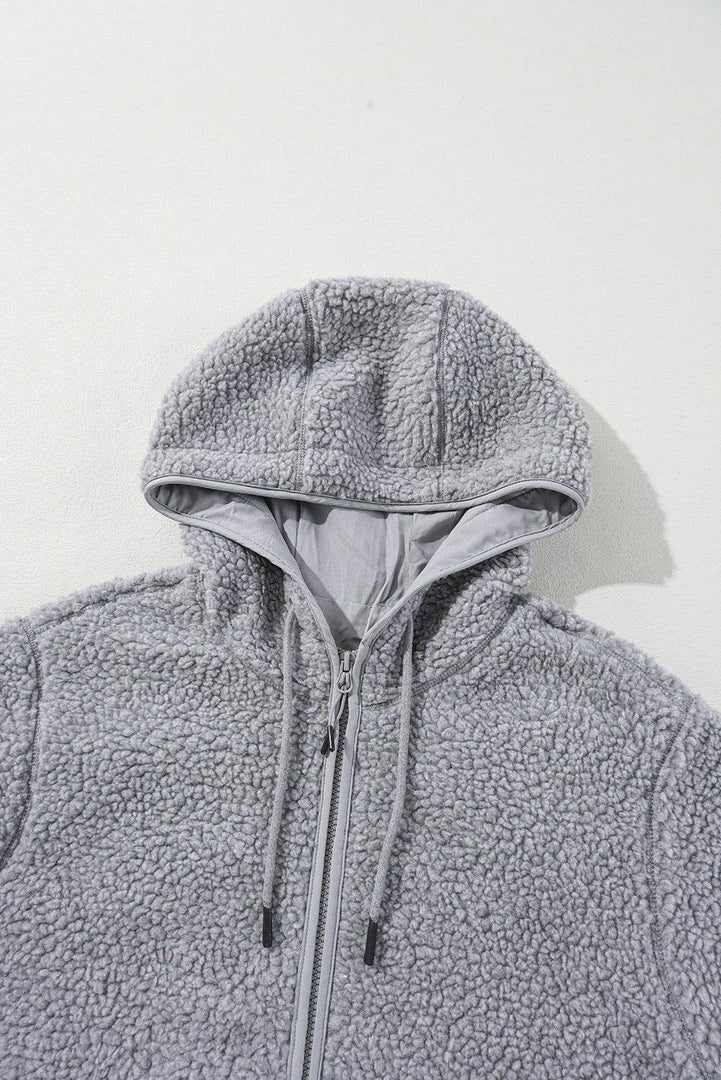 Medium Grey Fleece Zip Up Drawstring Hooded Pocketed Jacket - Fashion Queen -  7