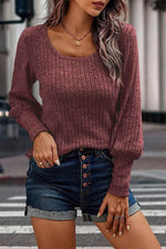 Load image into Gallery viewer, Mineral Red Ribbed Bishop Sleeve Round Neck Top - Fashion Queen -  1
