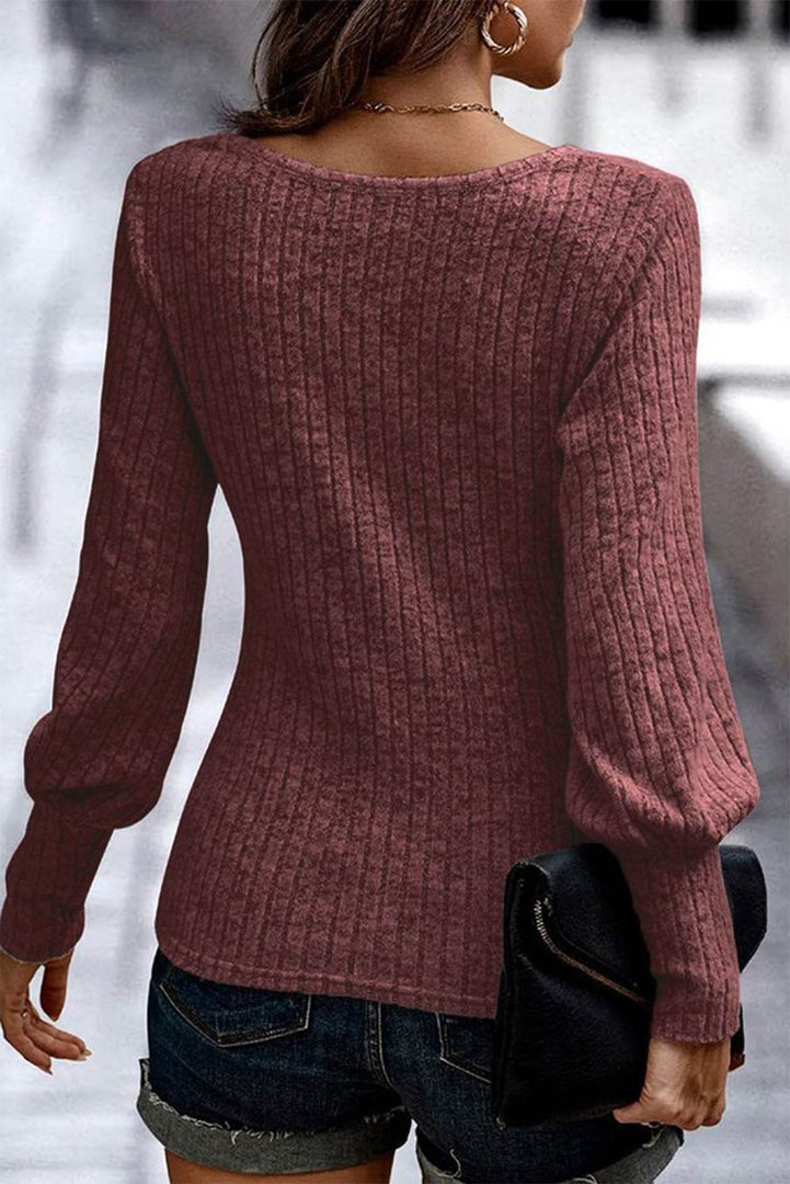 Mineral Red Ribbed Bishop Sleeve Round Neck Top - Fashion Queen -  2