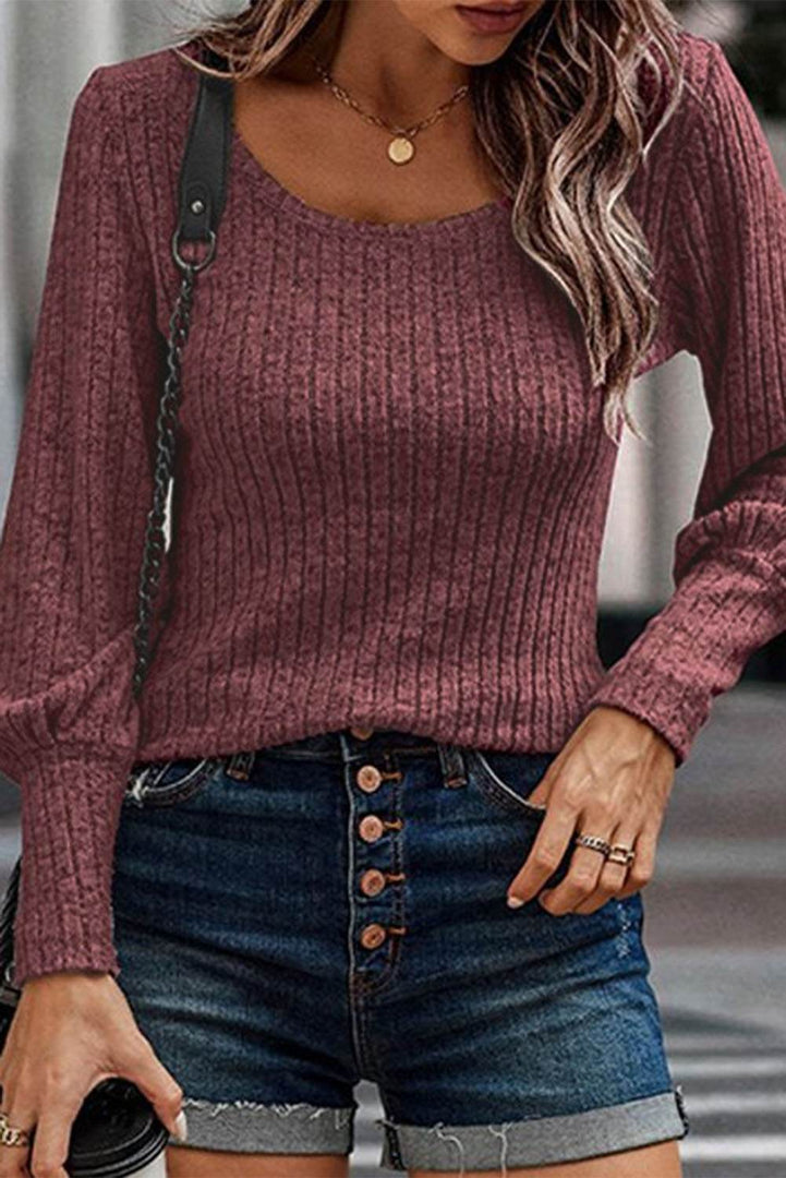 Mineral Red Ribbed Bishop Sleeve Round Neck Top - Fashion Queen -  4