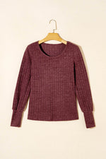 Load image into Gallery viewer, Mineral Red Ribbed Bishop Sleeve Round Neck Top - Fashion Queen -  5
