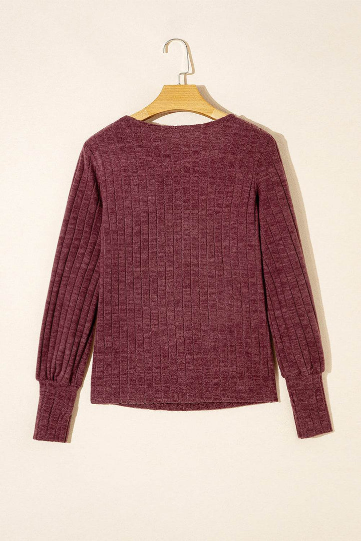 Mineral Red Ribbed Bishop Sleeve Round Neck Top - Fashion Queen -  6