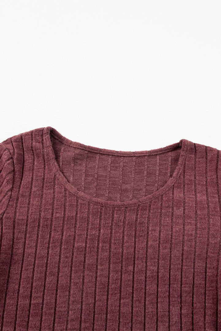 Mineral Red Ribbed Bishop Sleeve Round Neck Top - Fashion Queen -  7