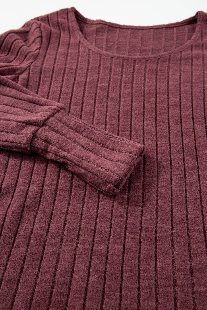 Mineral Red Ribbed Bishop Sleeve Round Neck Top - Fashion Queen -  8