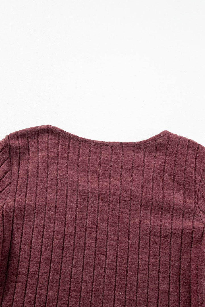 Mineral Red Ribbed Bishop Sleeve Round Neck Top - Fashion Queen -  9