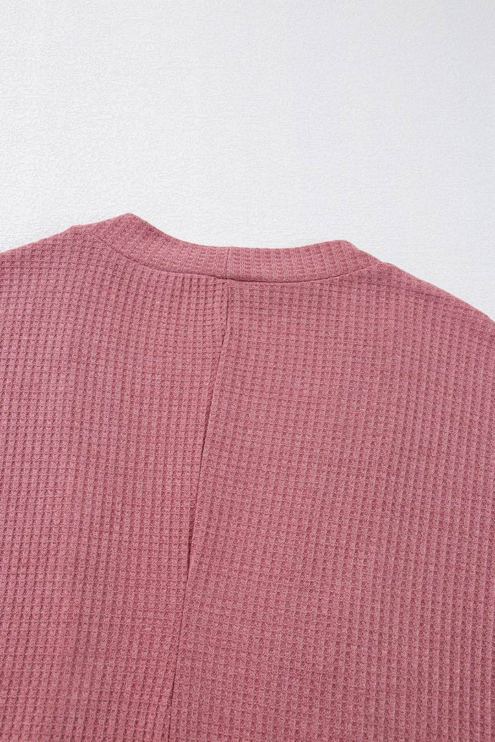 Mineral Red Solid Color Waffle Knit Cardigan with Pocket - Fashion Queen -  10