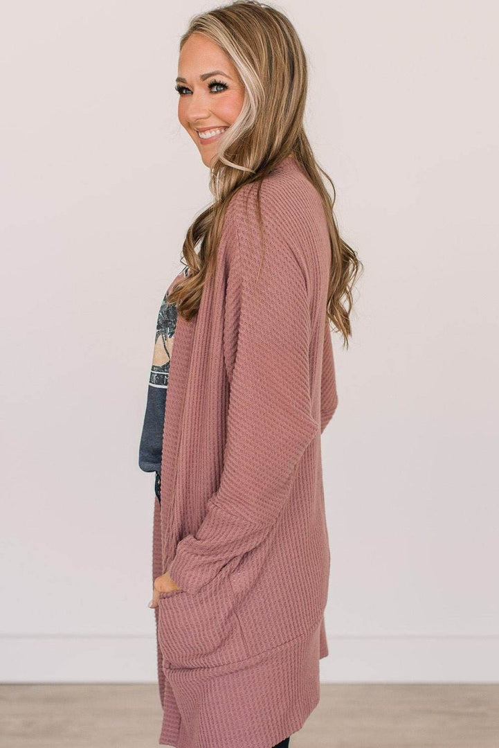 Mineral Red Solid Color Waffle Knit Cardigan with Pocket - Fashion Queen -  3