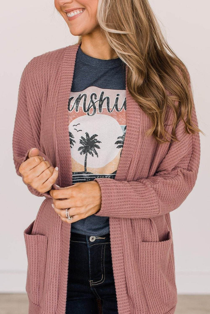 Mineral Red Solid Color Waffle Knit Cardigan with Pocket - Fashion Queen -  5