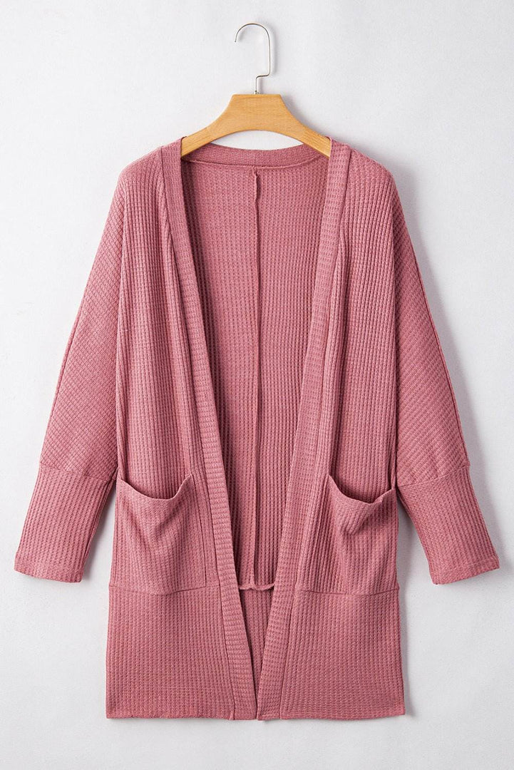 Mineral Red Solid Color Waffle Knit Cardigan with Pocket - Fashion Queen -  7