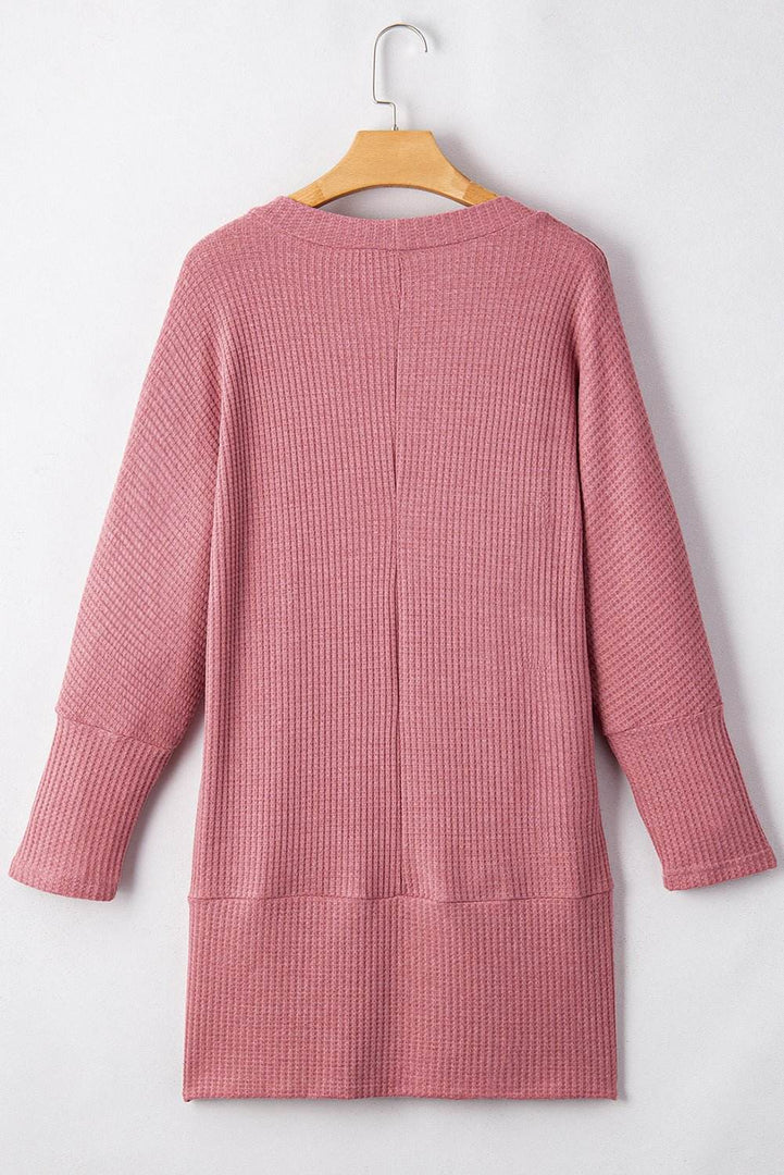 Mineral Red Solid Color Waffle Knit Cardigan with Pocket - Fashion Queen -  8