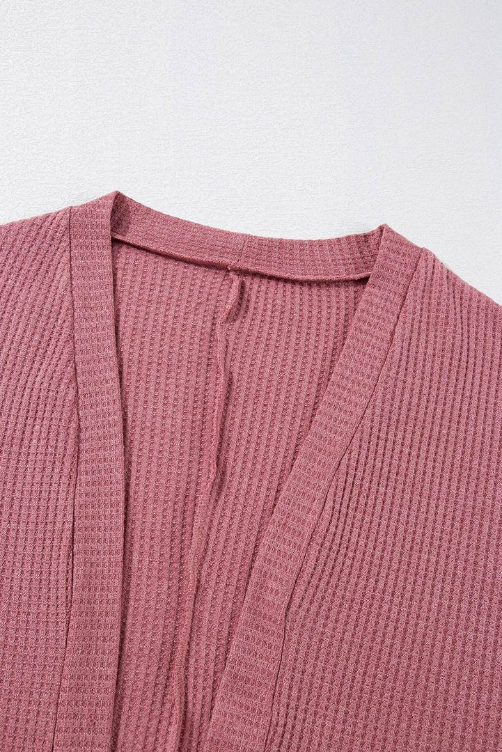 Mineral Red Solid Color Waffle Knit Cardigan with Pocket - Fashion Queen -  9