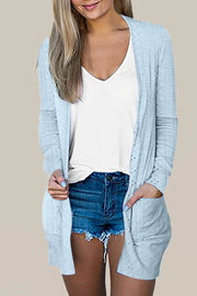 Mist Blue Eyelet Texture Pocketed Open Front Cardigan - Fashion Queen -  1