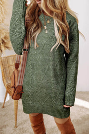 Mist Green Cable Knit Drop Shoulder Loose Fit Sweater Dress - Fashion Queen -  1
