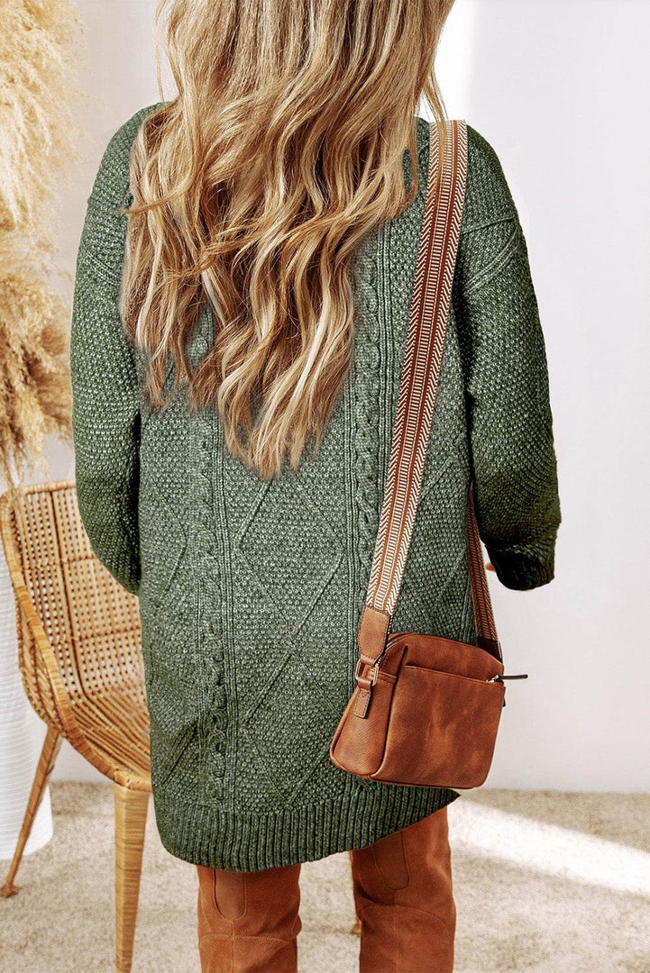Mist Green Cable Knit Drop Shoulder Loose Fit Sweater Dress - Fashion Queen -  3