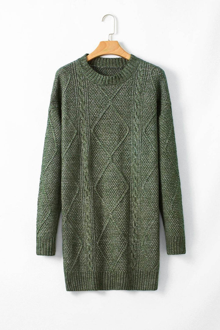 Mist Green Cable Knit Drop Shoulder Loose Fit Sweater Dress - Fashion Queen -  5