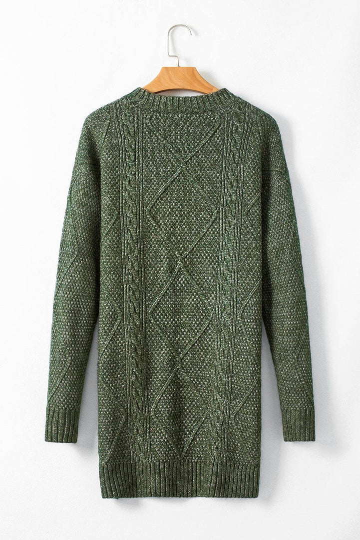 Mist Green Cable Knit Drop Shoulder Loose Fit Sweater Dress - Fashion Queen -  7