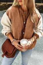 Load image into Gallery viewer, Mist Green Corduroy Fleece Patchwork Buttoned Bomber Jacket - Fashion Queen -  15
