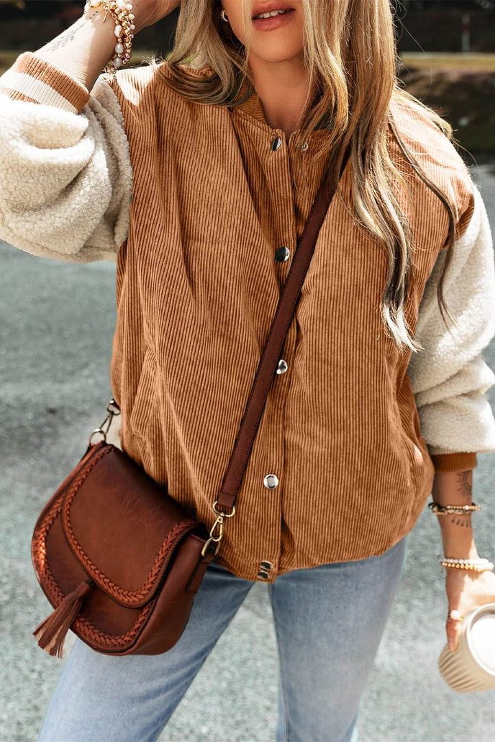 Mist Green Corduroy Fleece Patchwork Buttoned Bomber Jacket - Fashion Queen -  17