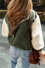 Load image into Gallery viewer, Mist Green Corduroy Fleece Patchwork Buttoned Bomber Jacket - Fashion Queen -  2
