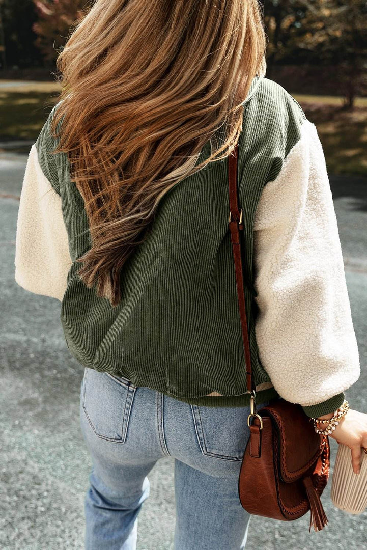 Mist Green Corduroy Fleece Patchwork Buttoned Bomber Jacket - Fashion Queen -  2