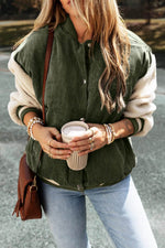 Load image into Gallery viewer, Mist Green Corduroy Fleece Patchwork Buttoned Bomber Jacket - Fashion Queen -  3
