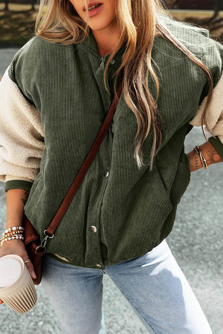 Mist Green Corduroy Fleece Patchwork Buttoned Bomber Jacket - Fashion Queen -  4