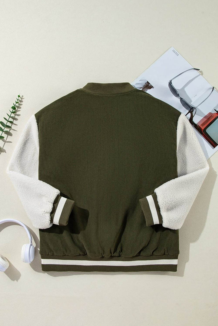Mist Green Corduroy Fleece Patchwork Buttoned Bomber Jacket - Fashion Queen -  7
